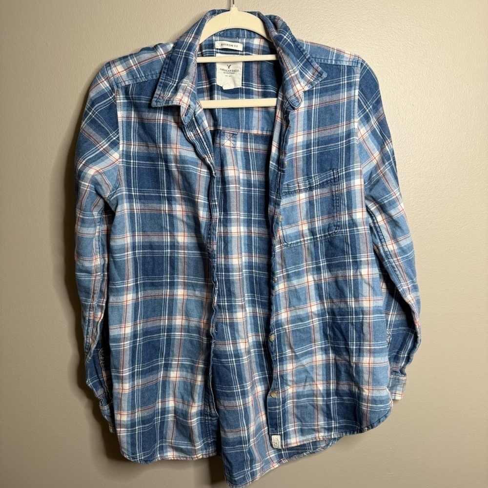 American Eagle Blue Plaid Boyfriend Fit Flannel Size Medium